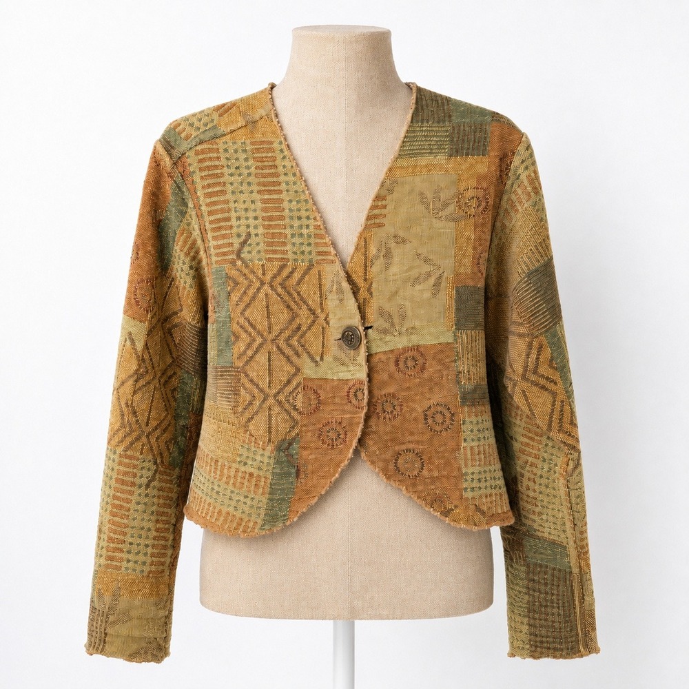 Vintage 90s Handmade Patchwork Tapestry Jacket Size M Western Cropped Country